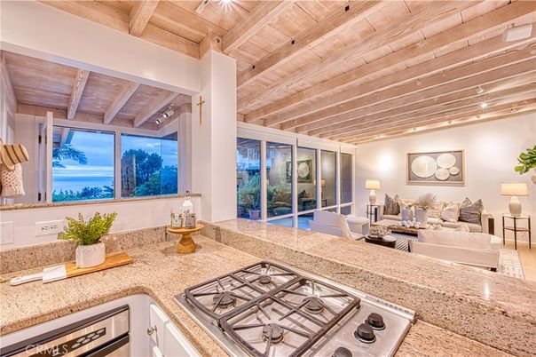 Interior, Kitchen, Living room, Recessed Lighting, Stainless Steel Appliances, Wooden Beams, Wooden Ceilings