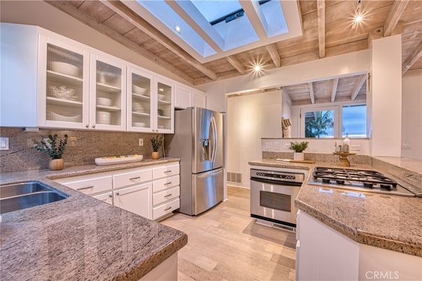 Glass Ceilings, Interior, Kitchen, Recessed Lighting, Stainless Steel Appliances, Wooden Ceilings, Wood Texture Flooring