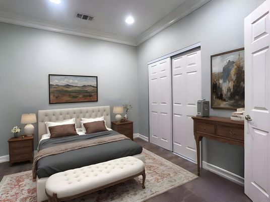Bedroom, Interior, Recessed Lighting, Wood Texture Flooring