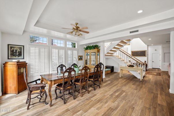 Dining room, Interior, Recessed Lighting, Wood Texture Flooring