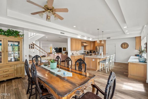 Dining room, Interior, Kitchen, Pendant Lights, Recessed Lighting, Wood Texture Flooring