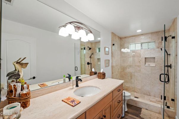 Bathroom, Glass Shower, Interior, Recessed Lighting, Wood Texture Flooring