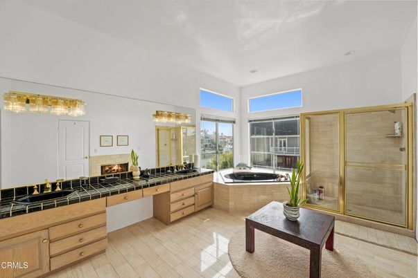 Bathroom, Fireplace, Glass Shower, Interior, Tile Countertops