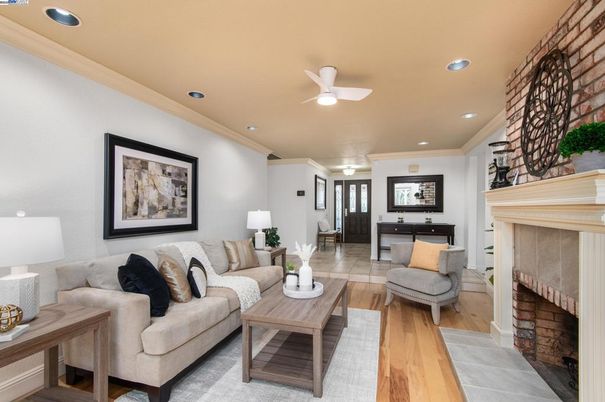 Fireplace, Interior, Living room, Recessed Lighting, Wood Texture Flooring