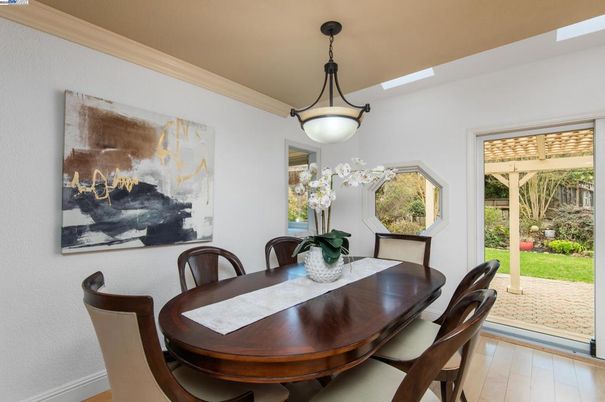 Dining room, Interior, Pendant Lights, Wood Texture Flooring