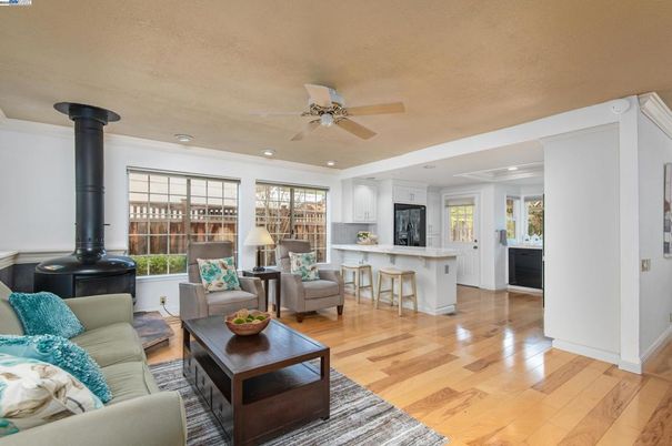 Fireplace, Interior, Kitchen, Living room, Recessed Lighting, Wood Texture Flooring