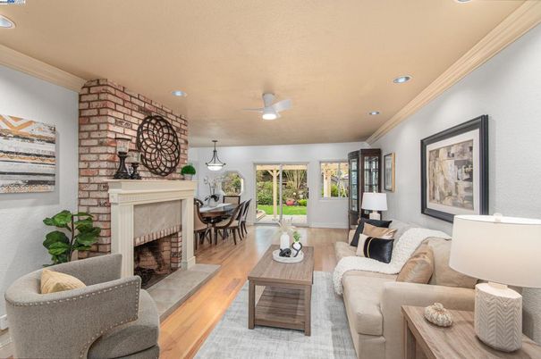 Dining room, Fireplace, Interior, Living room, Pendant Lights, Recessed Lighting, Stone Walls, Wood Texture Flooring