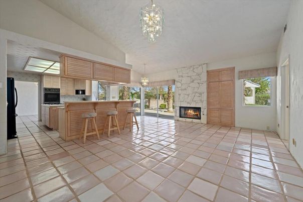 Fireplace, Interior, Kitchen, Pendant Lights, Stainless Steel Appliances