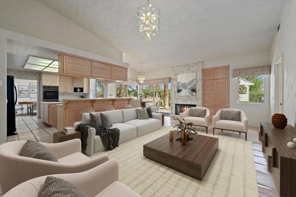 Fireplace, Interior, Kitchen, Living room, Pendant Lights, Stainless Steel Appliances