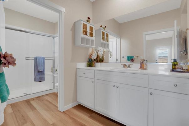 Bathroom, Glass Shower, Interior, Wood Texture Flooring