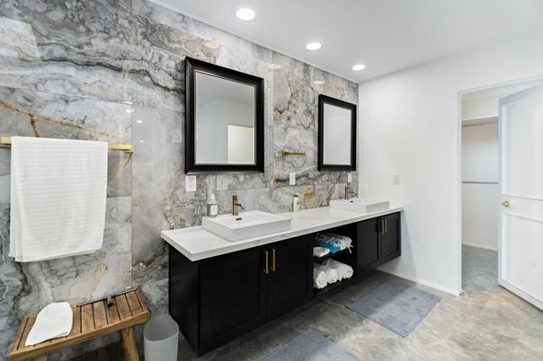 Bathroom, Dual Sink Vanities, Interior, Marble Walls, Recessed Lighting
