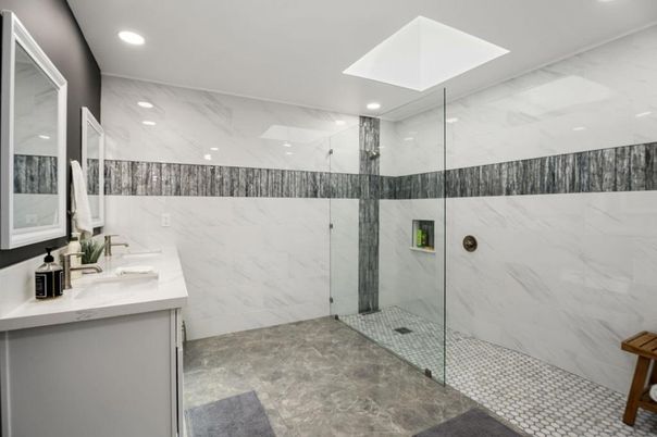 Bathroom, Glass Shower, Interior, Marble Walls, Recessed Lighting