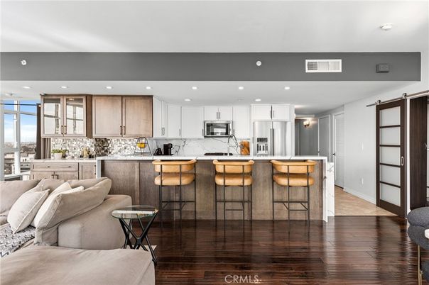 Interior, Kitchen, Living room, Recessed Lighting, Stainless Steel Appliances, Wood Texture Flooring