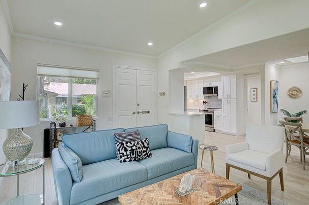 Dining room, Interior, Kitchen, Living room, Recessed Lighting, Stainless Steel Appliances, Wood Texture Flooring