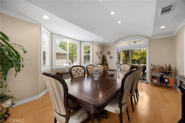 Dining room, Interior, Recessed Lighting, Wood Texture Flooring