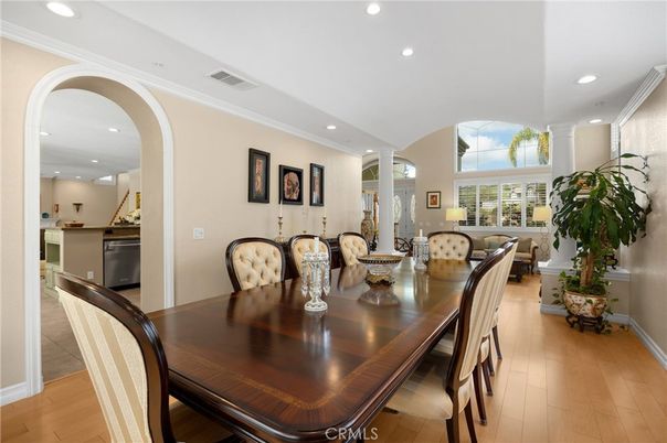 Dining room, Interior, Living room, Recessed Lighting, Wood Texture Flooring