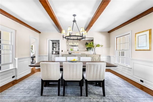 Chandelier, Dining room, Interior, Wooden Beams, Wood Texture Flooring