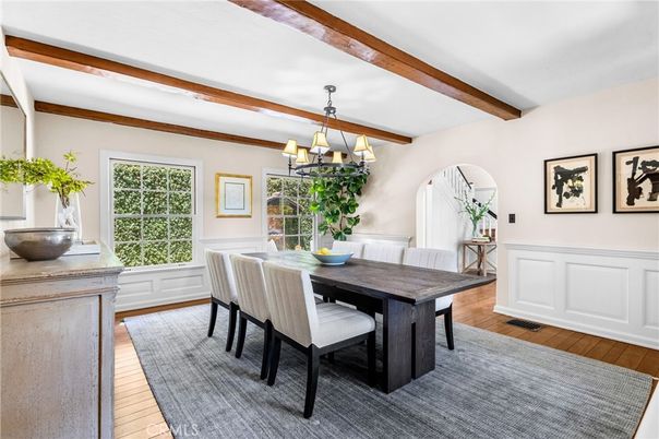 Chandelier, Dining room, Interior, Wooden Beams, Wood Texture Flooring