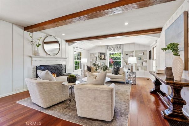 Fireplace, Interior, Living room, Recessed Lighting, Wooden Beams, Wood Texture Flooring