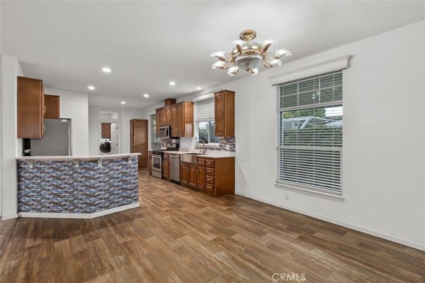 Chandelier, Interior, Kitchen, Recessed Lighting, Wood Texture Flooring
