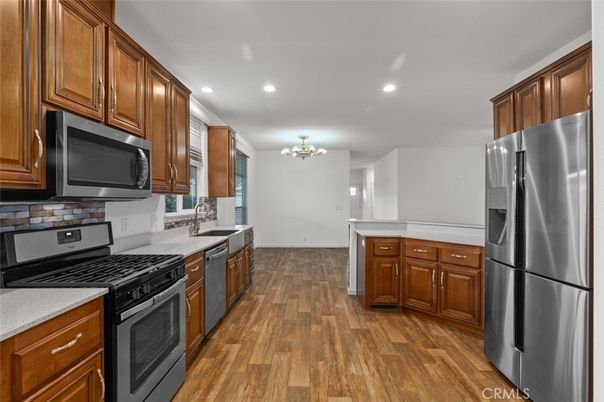 Chandelier, Interior, Kitchen, Recessed Lighting, Wood Texture Flooring