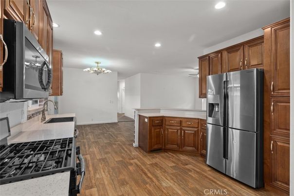 Chandelier, Interior, Kitchen, Recessed Lighting, Wood Texture Flooring
