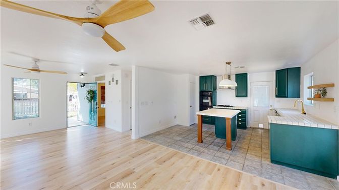 Interior, Kitchen, Pendant Lights, Tile Countertops, Wood Texture Flooring