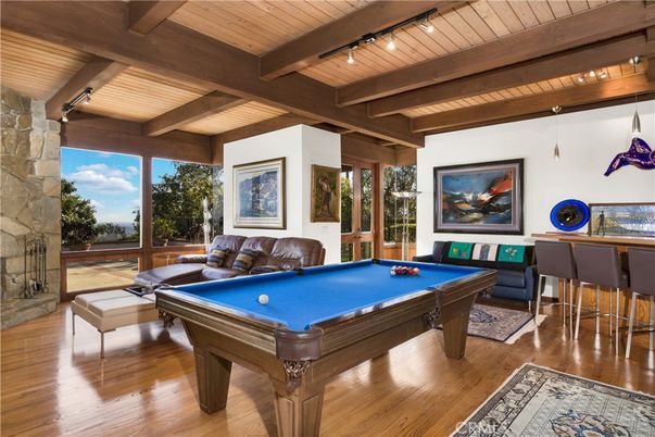Billiard Table, Fireplace, Game Room, Interior, Stone Walls, Wooden Beams, Wooden Ceilings, Wood Texture Flooring