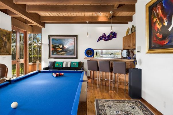 Billiard Table, Game Room, Interior, Pendant Lights, Wooden Beams, Wooden Ceilings, Wood Texture Flooring