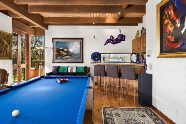 Billiard Table, Game Room, Interior, Pendant Lights, Wooden Beams, Wooden Ceilings, Wood Texture Flooring