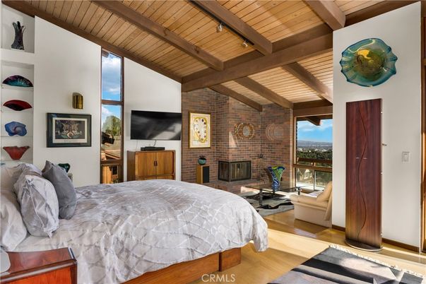 Bedroom, Fireplace, Interior, Stone Walls, Wooden Beams, Wooden Ceilings, Wood Texture Flooring