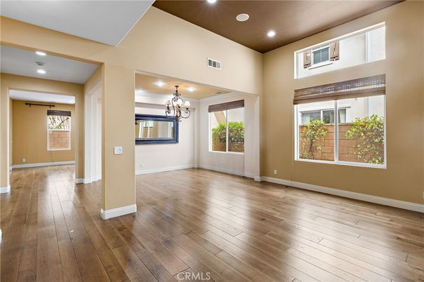 Chandelier, Empty room, Interior, Recessed Lighting, Wood Texture Flooring