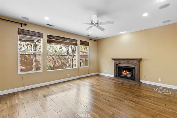 Empty room, Fireplace, Interior, Recessed Lighting, Wood Texture Flooring