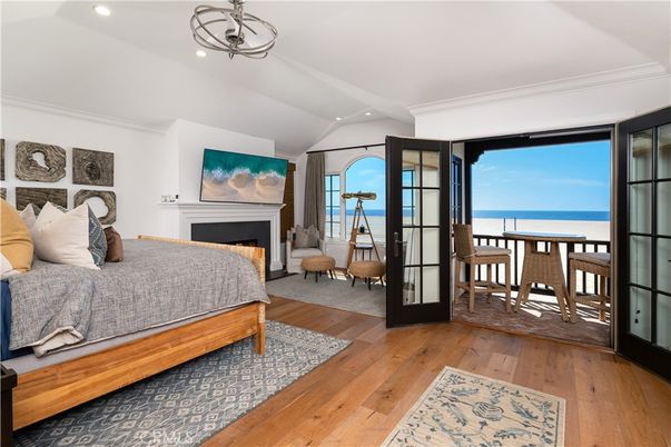 Bedroom, Fireplace, Interior, Recessed Lighting, Water, Wood Texture Flooring