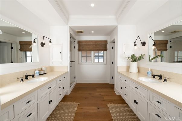 Bathroom, Dual Sink Vanities, Interior, Recessed Lighting, Wood Texture Flooring