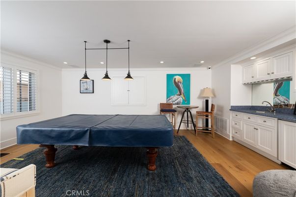 Billiard Table, Game Room, Interior, Pendant Lights, Recessed Lighting, Wood Texture Flooring