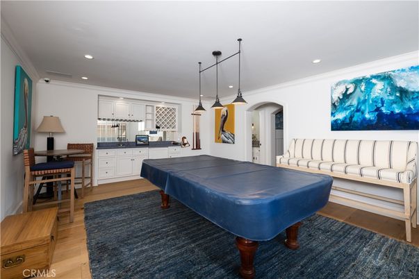 Billiard Table, Game Room, Interior, Pendant Lights, Recessed Lighting, Wood Texture Flooring