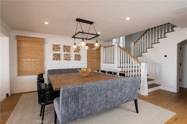 Dining room, Interior, Pendant Lights, Recessed Lighting, Wood Texture Flooring