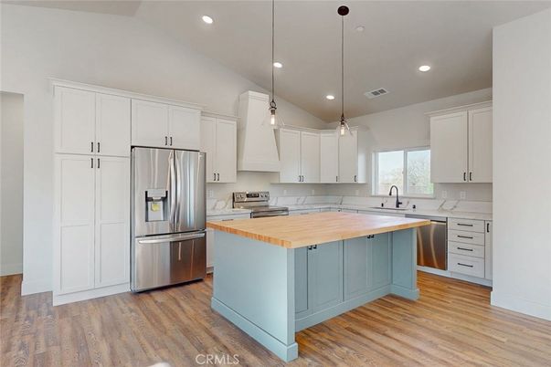 Interior, Kitchen, Pendant Lights, Recessed Lighting, Stainless Steel Appliances, Wood Texture Flooring