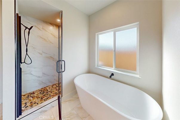Bathroom, Free Standing Baths, Glass Shower, Interior, Marble, Marble Walls, Recessed Lighting