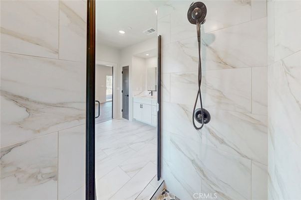Bathroom, Glass Shower, Interior, Marble, Marble Walls, Recessed Lighting