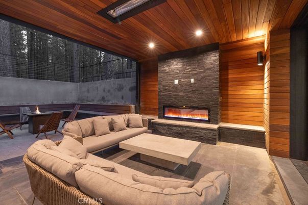 Dining room, Fireplace, Interior, Living room, Recessed Lighting, Stone Walls, Wooden Ceilings, Wooden Walls