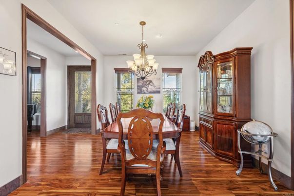 Chandelier, Dining room, Interior, Recessed Lighting, Wood Texture Flooring