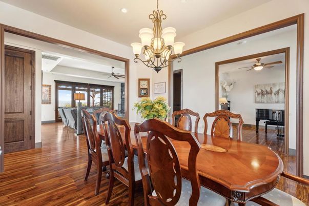 Chandelier, Dining room, Interior, Piano, Recessed Lighting, Wood Texture Flooring
