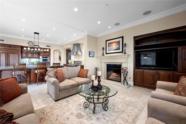 Dining room, Fireplace, Interior, Kitchen, Living room, Pendant Lights, Recessed Lighting
