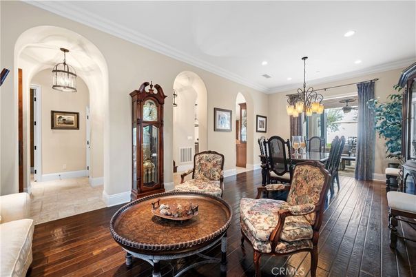 Chandelier, Dining room, Interior, Living room, Pendant Lights, Recessed Lighting, Wood Texture Flooring