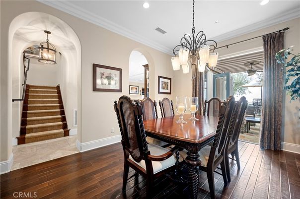 Chandelier, Dining room, Interior, Pendant Lights, Recessed Lighting, Wood Texture Flooring