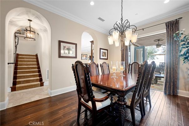 Chandelier, Dining room, Interior, Pendant Lights, Recessed Lighting, Wood Texture Flooring