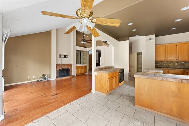 Empty room, Fireplace, Interior, Recessed Lighting, Wood Texture Flooring