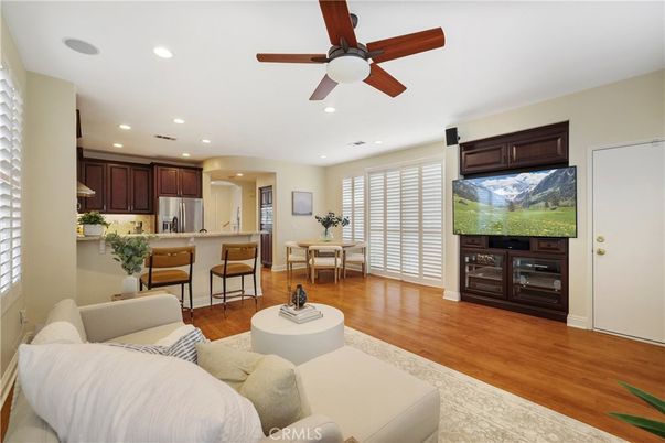 Dining room, Interior, Kitchen, Living room, Recessed Lighting, Stainless Steel Appliances, Wood Texture Flooring